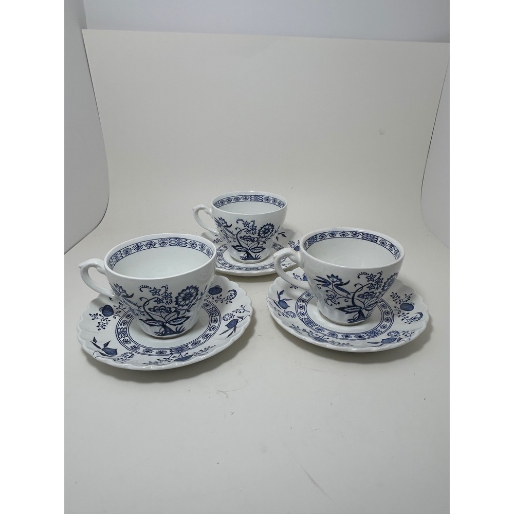 J&G Meakin Nordic Blue‎ White Floral Tea Cup Saucer Set 3 Classic White England